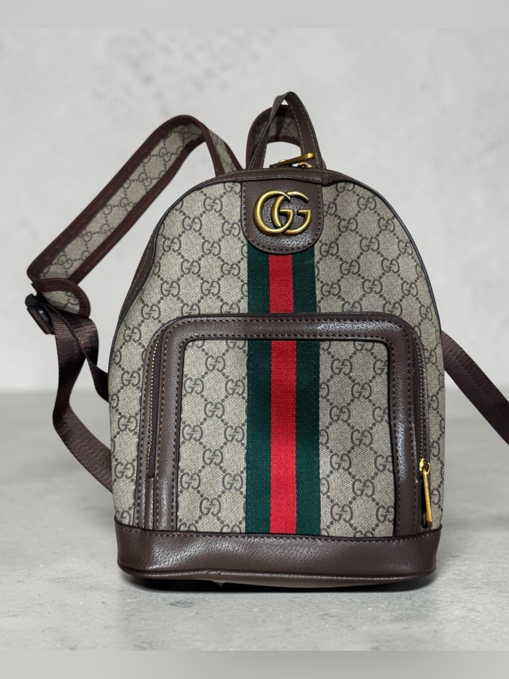 Gucci Brown GG Supreme Backpack with Green and Red Web